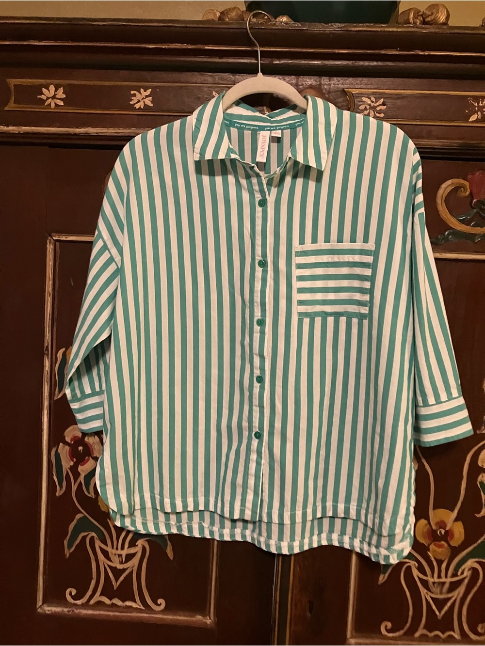 Women's Green and White Striped Button-Down Shirt